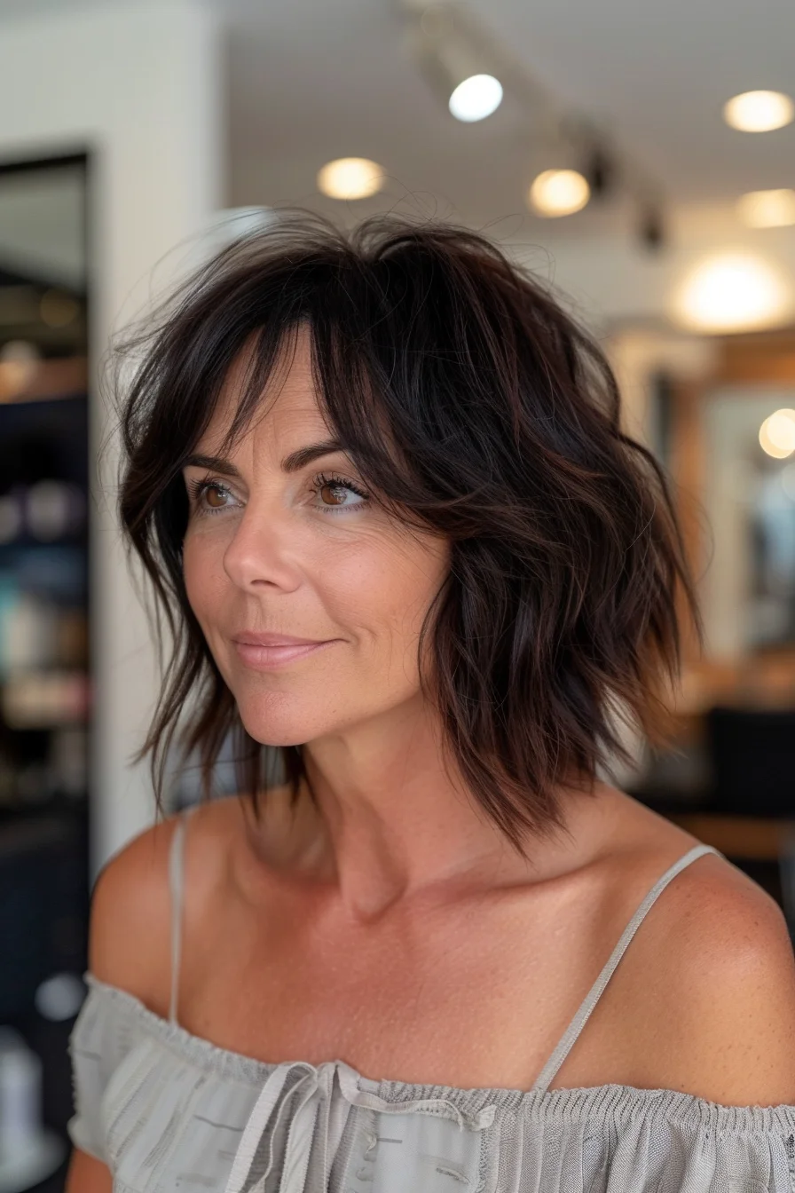 Caramel and honey highlights pop against a warm brown base in this shoulder-length cut. Gentle waves enhance the dimensional color while layers create natural movement. Side-swept face-framing pieces soften the overall look, with choppy ends adding modern texture.