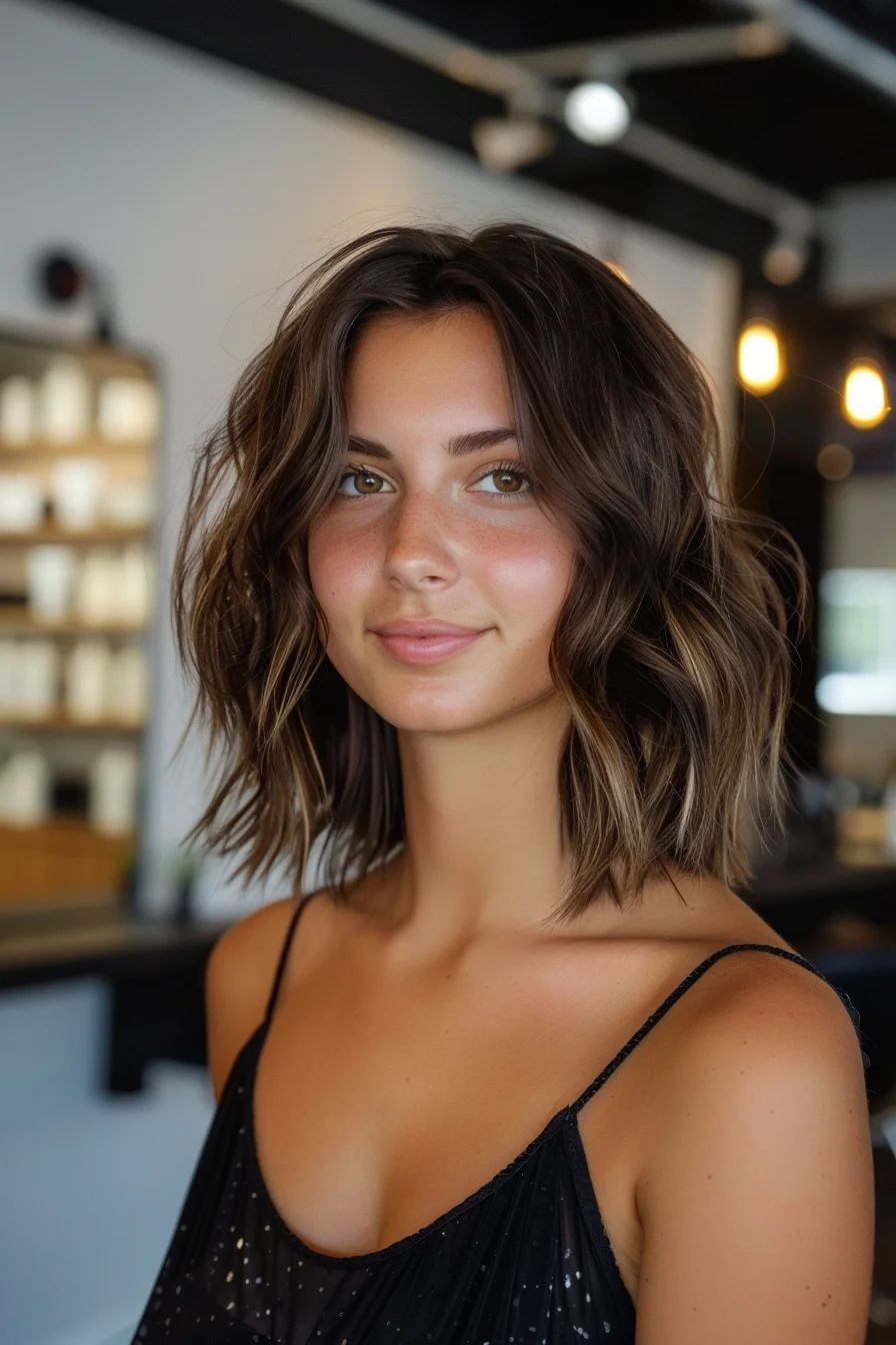 Rich chocolate brown base color gets lifted by subtle caramel highlights throughout this shoulder-length cut. Waves add dimension while choppy layers create beautiful texture. Side-swept sections frame the face naturally, with ends cut at varying lengths for modern movement.