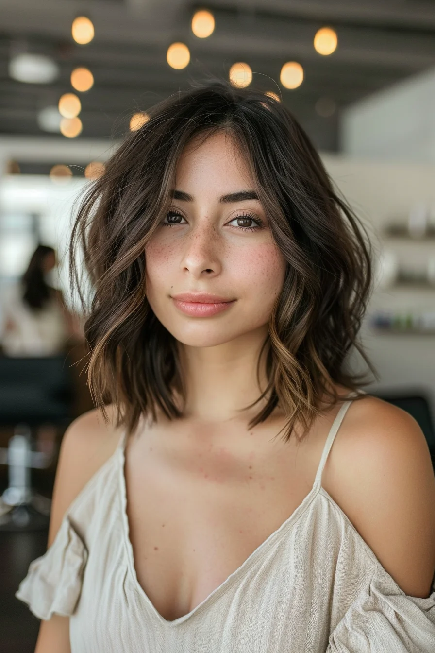 Deep brunette color transitions into warm honey tones in this collarbone-grazing cut. Layered pieces enhance natural waves while keeping volume balanced. Multiple lengths throughout give amazing texture, with shorter pieces blending smoothly into longer ones.