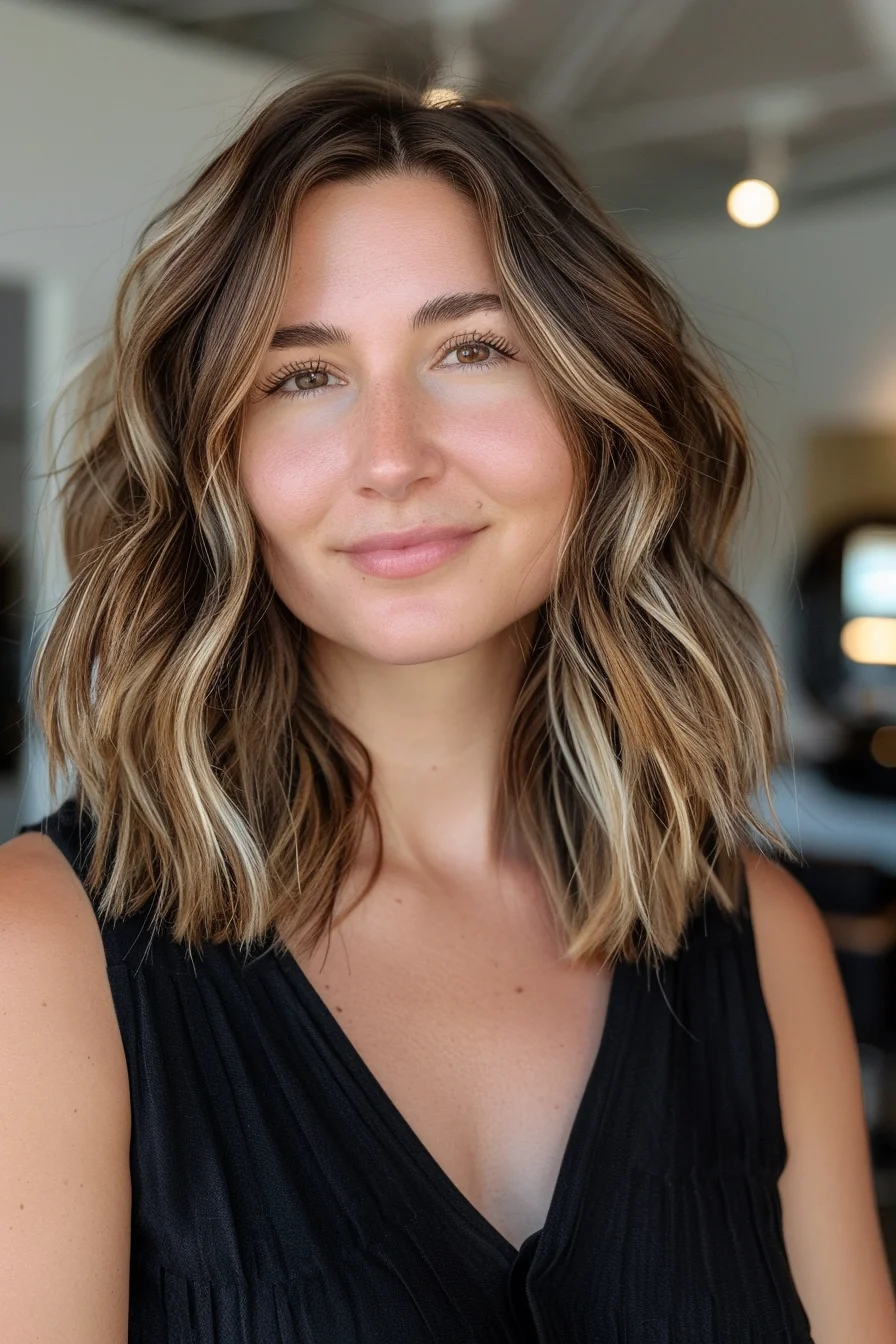 Blended balayage brings warmth to this medium-length cut, featuring darker roots melting into lighter ends. Soft waves showcase the color variation while layers add body and movement. Face-framing pieces start at the cheekbones, flowing naturally into the overall shape.