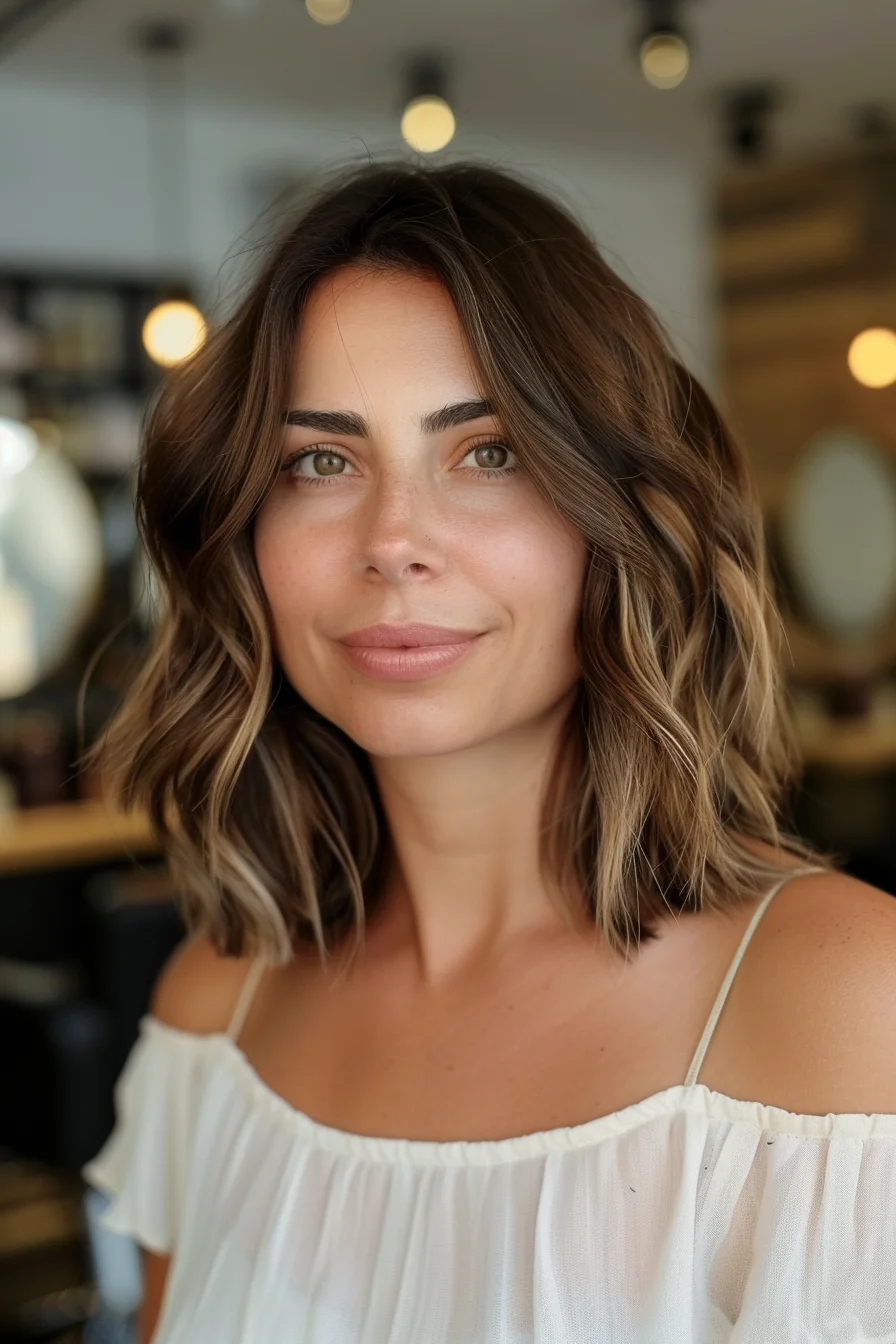 Dimensional color work shows off gorgeous contrast between deep brown roots and bright blonde pieces. Waves throughout the shoulder-length cut create natural movement, while layers add volume and texture. Longer pieces around the face blend beautifully into shorter back layers.