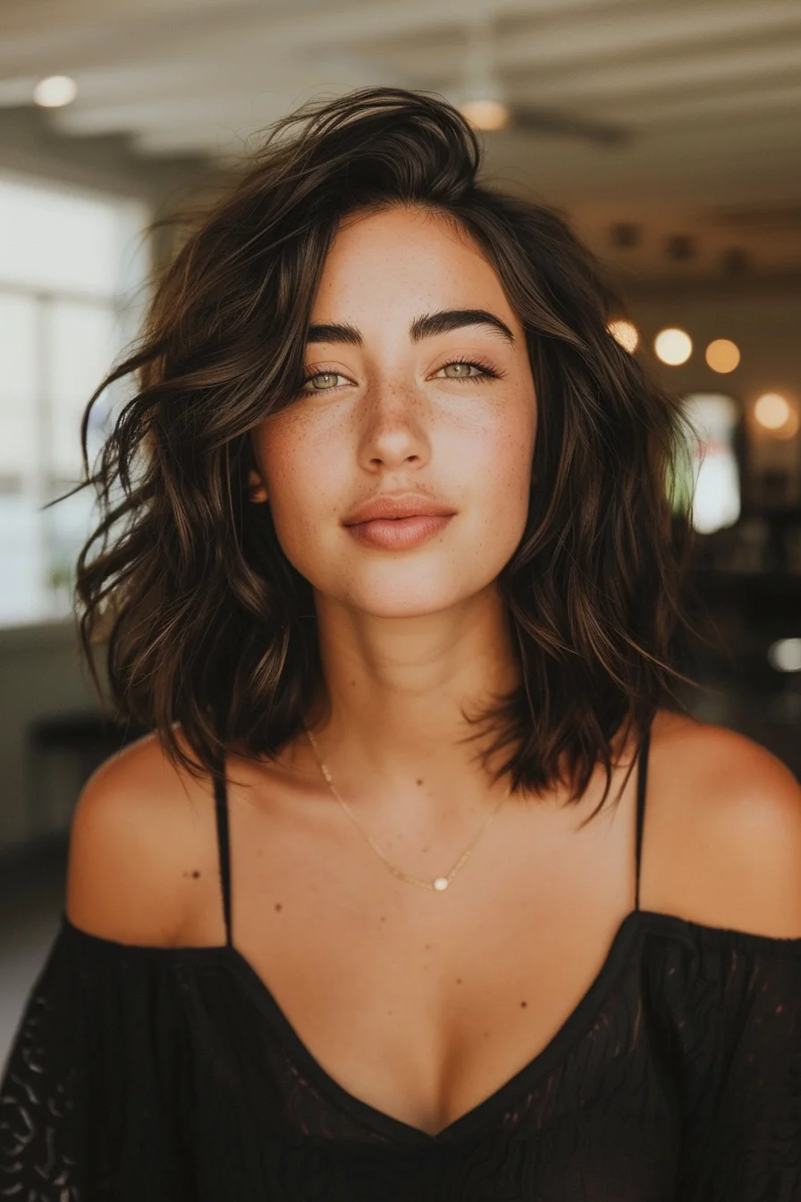 Rich brunette shoulder-grazing cut showcases stunning texture and natural-looking waves. Darker roots blend flawlessly into subtle lighter pieces, while choppy layers throughout add incredible dimension and structure. Side-swept bangs frame the face beautifully, with piece-y ends creating an effortless lived-in appearance.