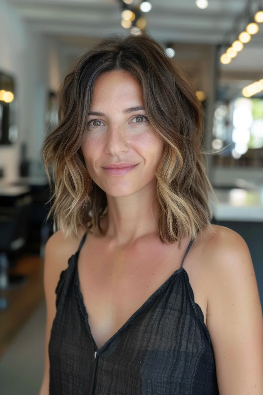 Warm brunette base gets brightened by honey-blonde highlights in this shoulder-skimming cut. Waves enhance the multi-tonal color while layers create amazing movement. Face-framing sections begin at the chin, with ends cut at different lengths for modern texture.