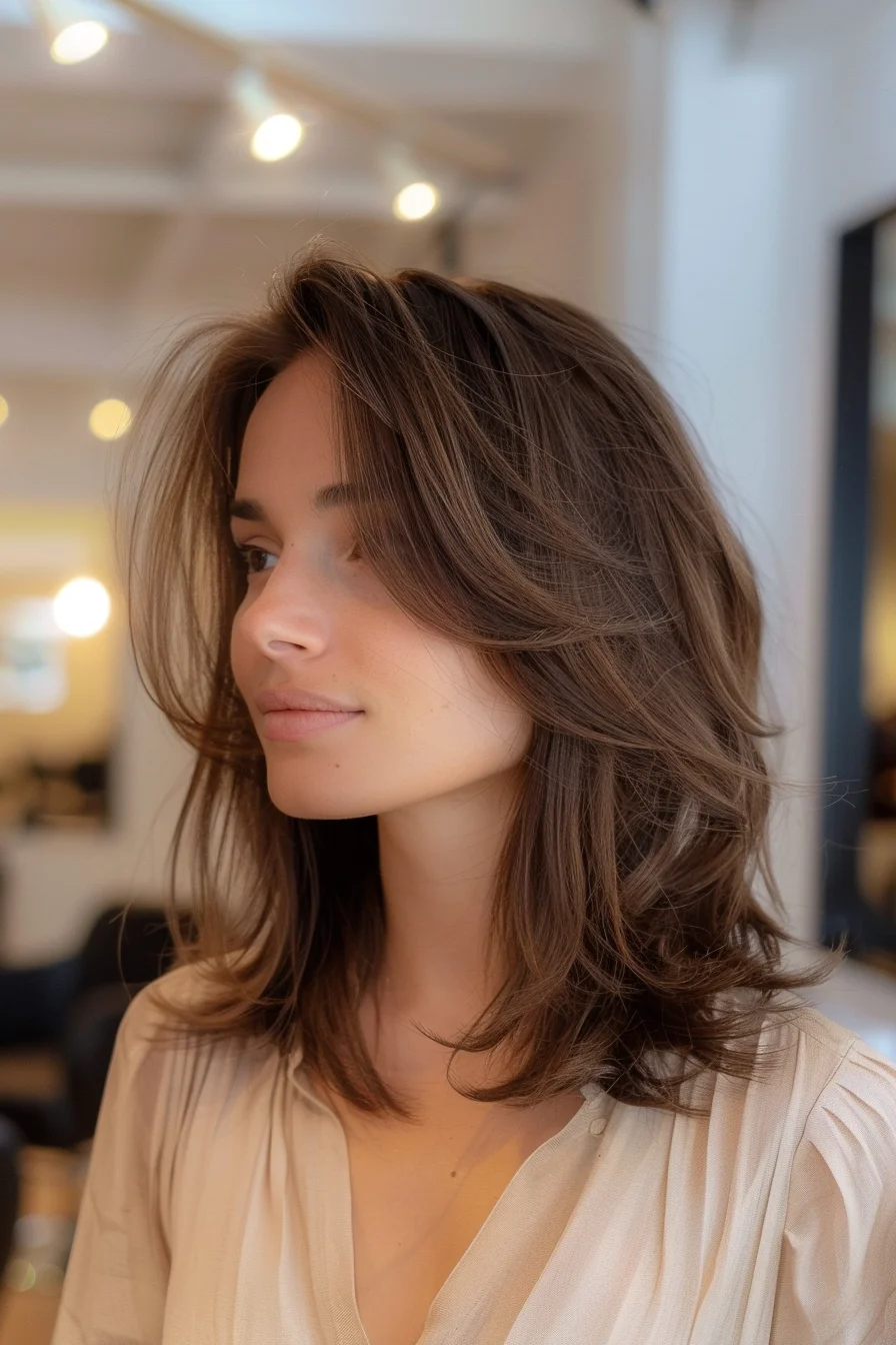 Medium-length layers flow beautifully in this rich brunette cut, featuring subtle ash-toned highlights. Soft waves create natural movement while longer pieces around the face blend smoothly into shorter back sections. Each layer adds gorgeous texture and body throughout.