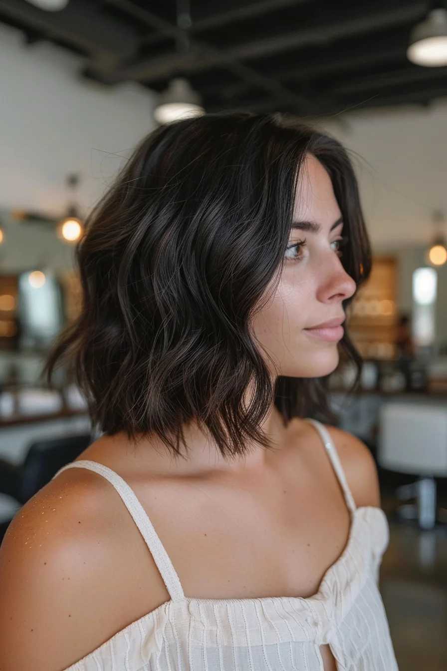 Deep espresso color gets brightened by delicate strands of light brown in this shoulder-grazing cut. Waves add amazing movement while choppy layers create modern texture. Face-framing pieces start at the chin, flowing effortlessly into the overall shape.