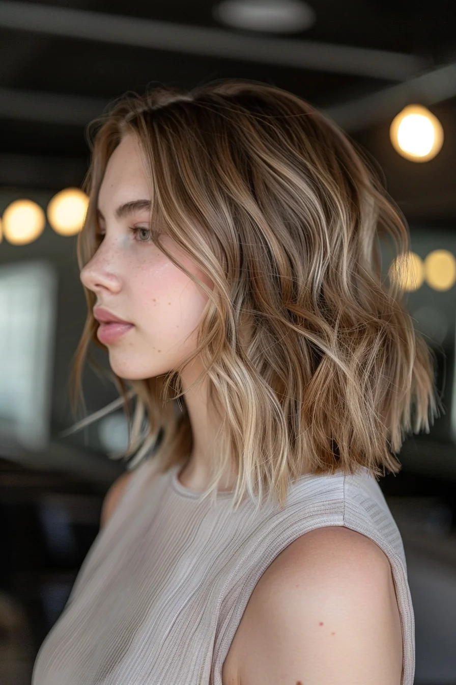 Bright blonde balayage brightens up this shoulder-length cut, with darker roots melting into lighter ends. Waves enhance the multi-tonal color while layers add incredible volume. Piece-y ends create a lived-in look that's both fresh and natural.