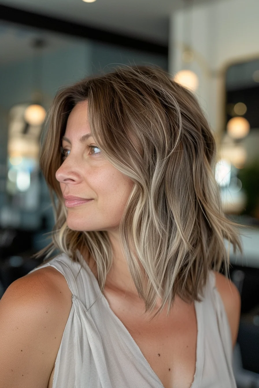 Cool-toned blonde highlights pop against a neutral base in this collarbone-skimming cut. Natural waves showcase the color variation while layers create beautiful movement. Side-swept sections frame the face gracefully, with ends cut at varying lengths for added texture.