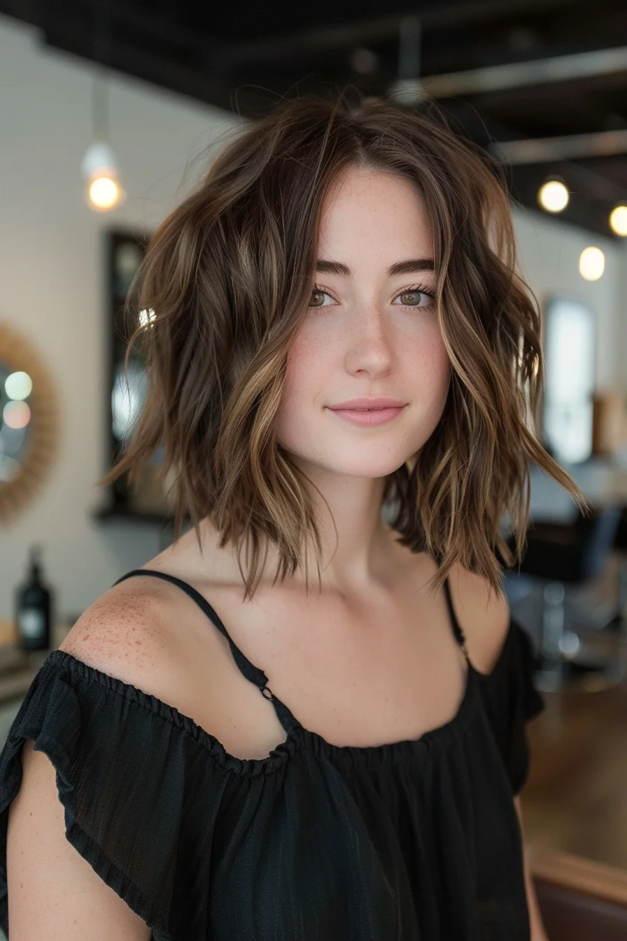 Shoulder-length layers blend seamlessly in this rich brunette base with golden highlights scattered throughout. Waves create natural texture while choppy ends add modern flair. Face-framing pieces start at the cheekbones and flow into longer layers, giving beautiful movement and dimension.