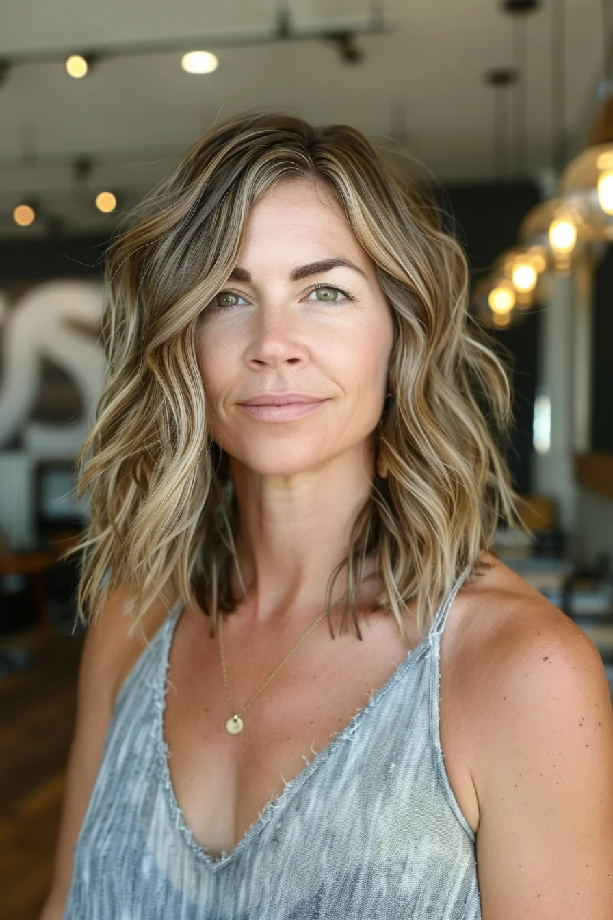 Cool-toned blonde balayage brightens up this collarbone-grazing cut, featuring darker roots that melt into lighter ends. Multiple layers throughout add volume and body, while waves enhance the color variation. Side-swept pieces frame the face naturally, creating lovely movement.