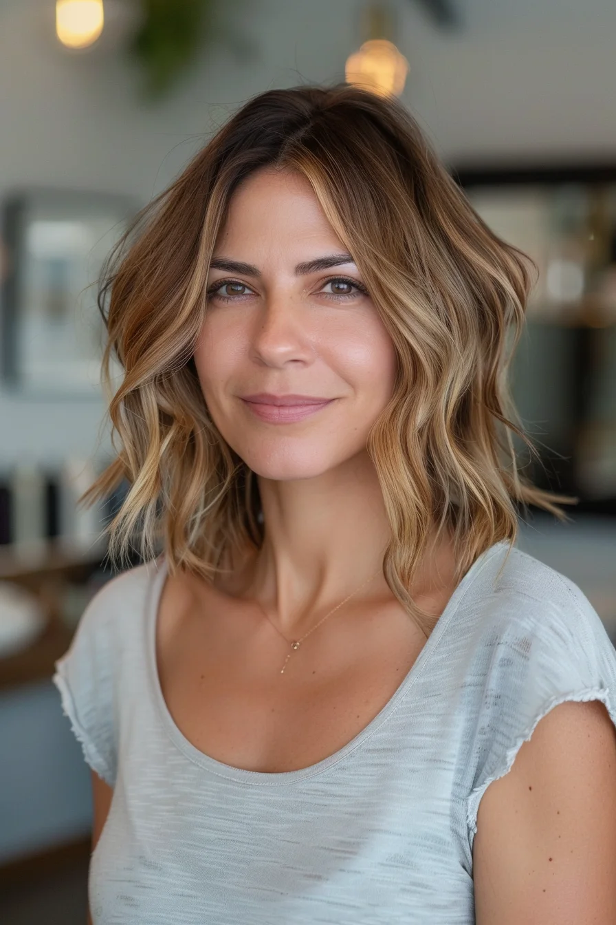 Honey-blonde highlights weave through this medium-length cut, complementing the warm brown base color. Soft waves show off the multi-dimensional tones while layers create incredible texture. Face-framing sections begin at the chin, flowing effortlessly into the overall shape.