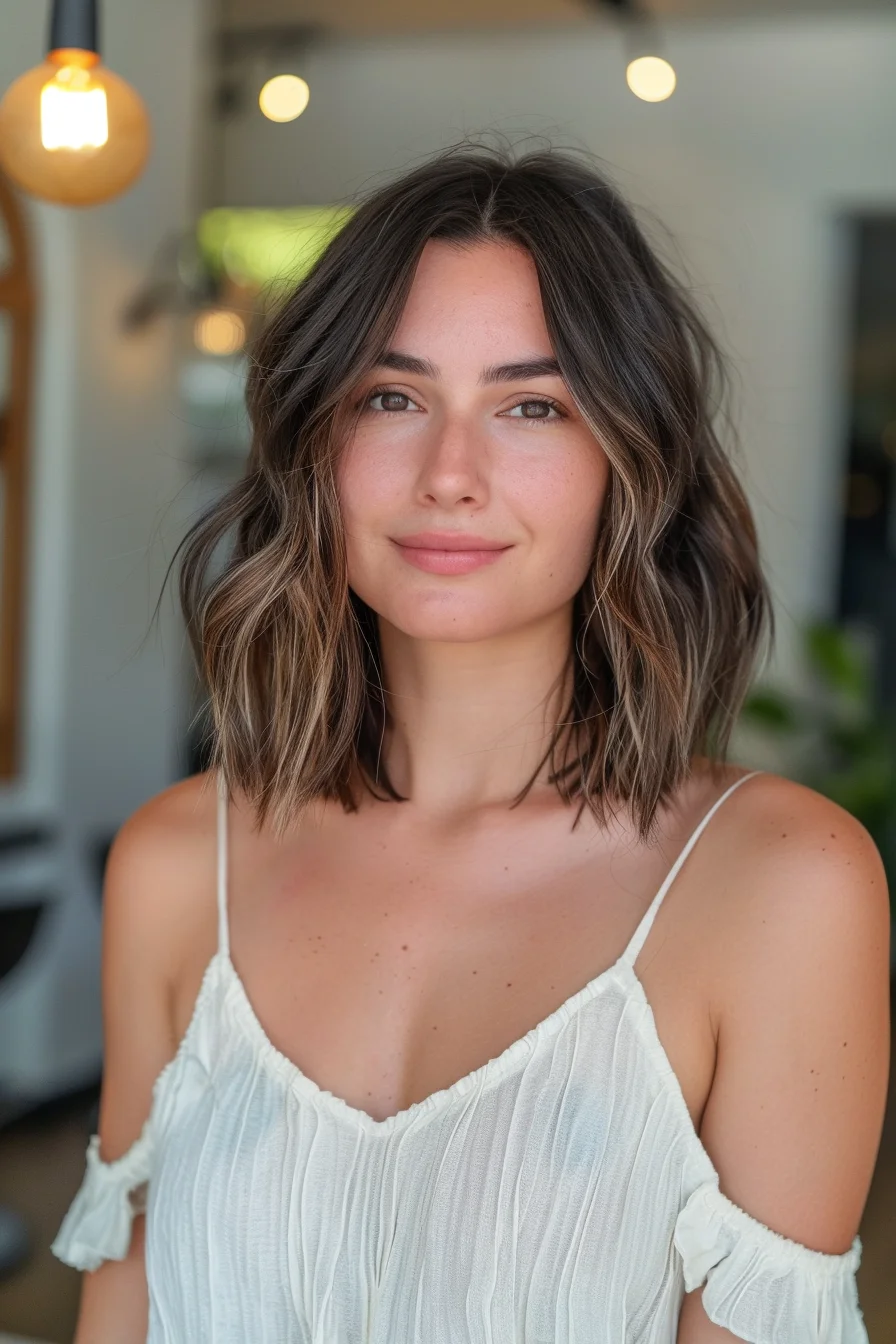 Rich brunette color gets lifted by delicate caramel pieces in this shoulder-skimming cut. Natural waves enhance the blended colors while choppy layers add amazing texture. Shorter pieces around the crown create volume, with longer sections flowing beautifully below.