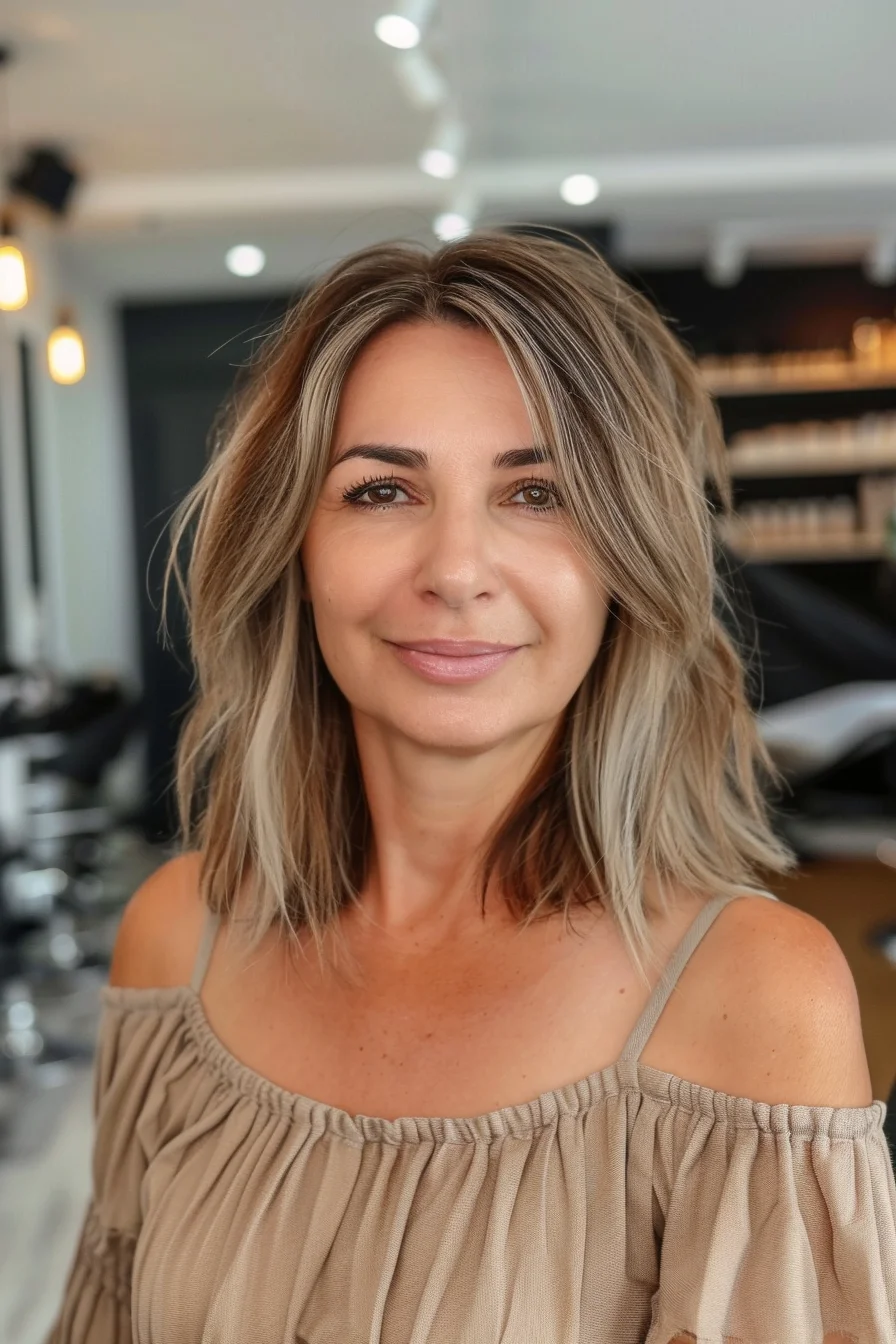 Medium blonde hair shaped into a collarbone-skimming length features subtle layers and beachy waves. Bright blonde highlights pop against slightly darker lowlights, creating gorgeous dimension. Razor-cut ends give an edgy, modern feel while maintaining softness, complemented by face-framing pieces that add movement around the face.
