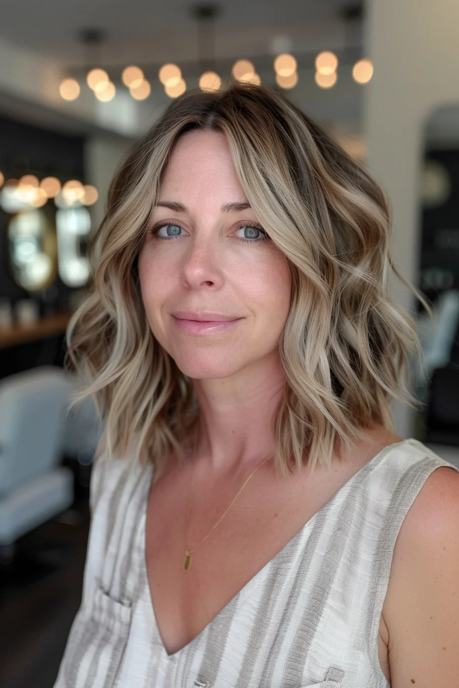 Bright blonde balayage brightens this shoulder-length cut, featuring shadowed roots that blend into lighter ends. Natural waves create amazing movement while layers add volume throughout. Side-swept sections frame the face beautifully, with choppy pieces adding modern texture.