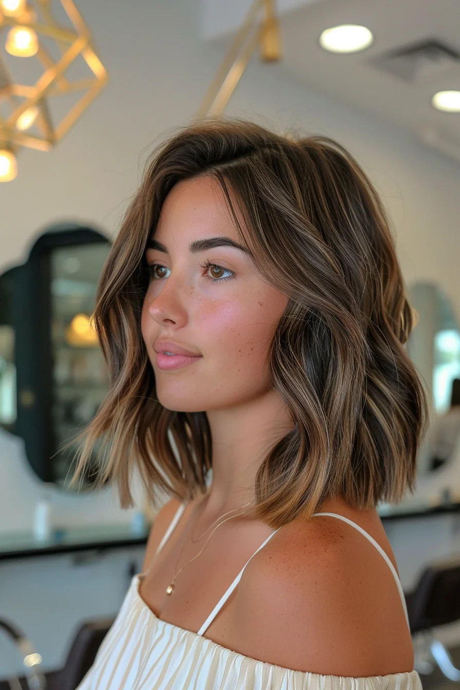 Warm brown base color gets dimension from honey-toned highlights in this collarbone-grazing cut. Soft waves enhance the color blend while multiple layers create incredible body. Face-framing pieces begin at the chin, flowing smoothly into the overall shape.