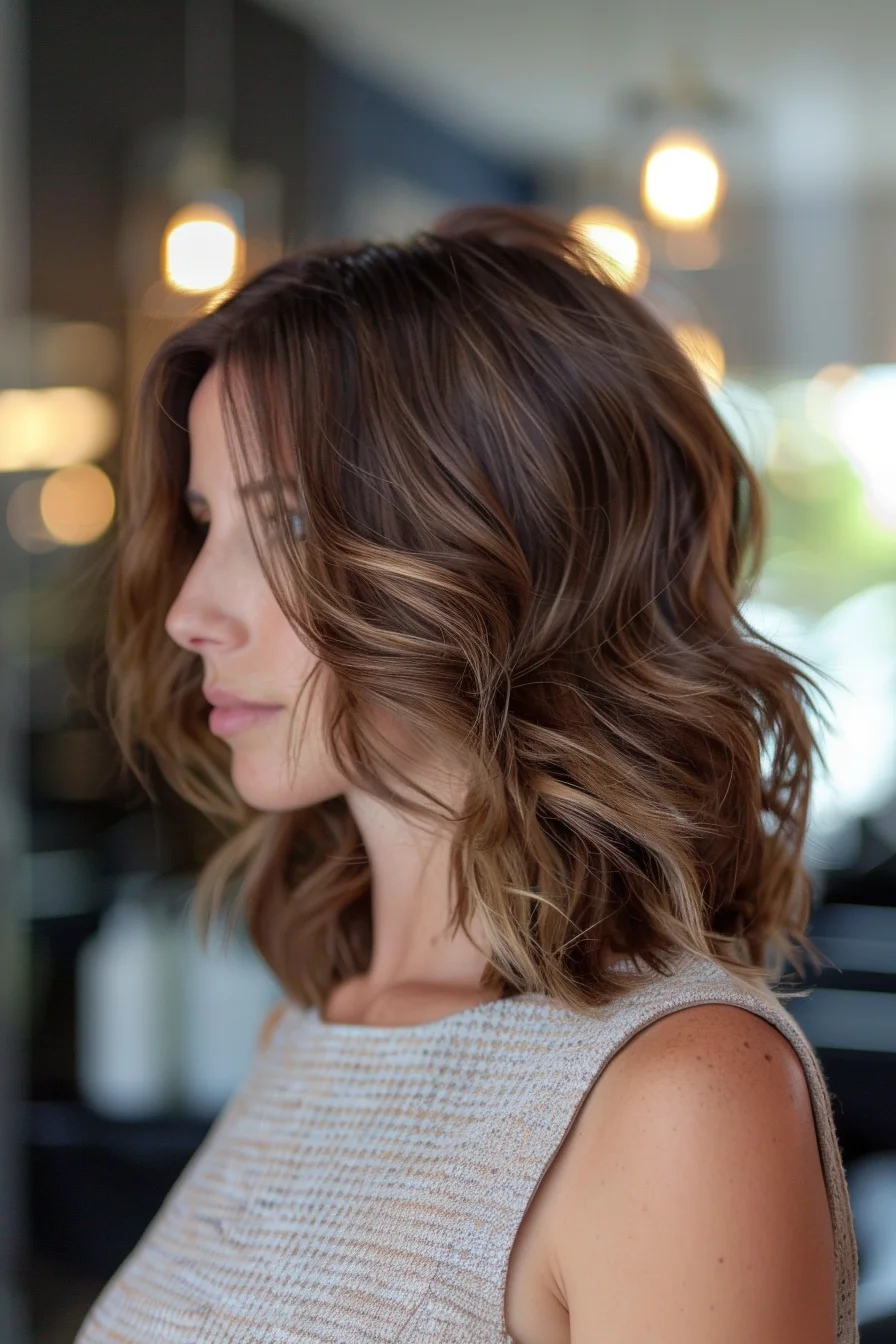 Rich chocolate brown color shimmers with subtle caramel pieces woven throughout this shoulder-length cut. Waves add gorgeous movement while layers create beautiful texture. Longer sections in front transition smoothly into shorter back pieces.