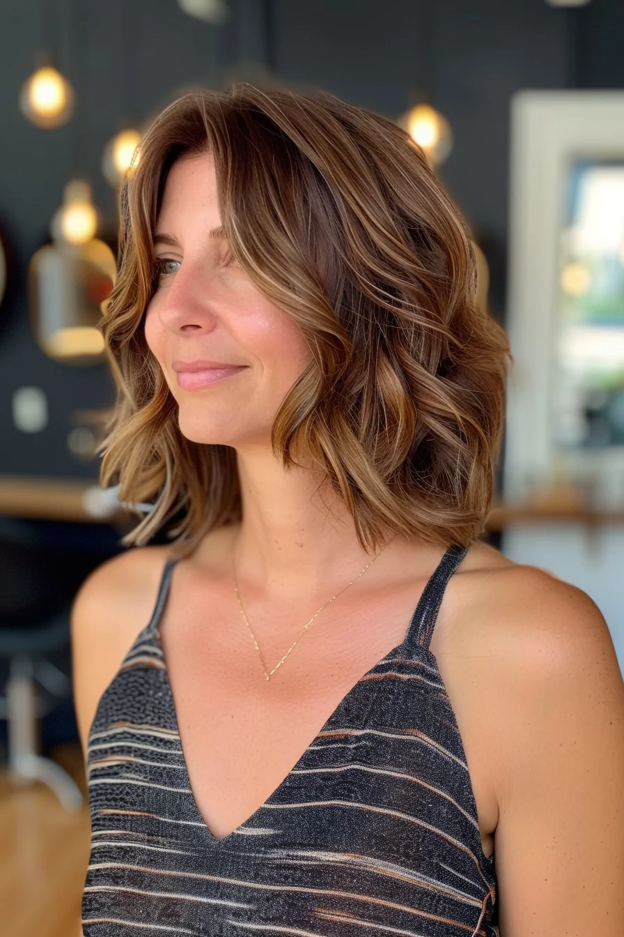Neutral blonde tones pop against a darker base in this textured lob. Waves bring out the multi-dimensional color while layers create amazing volume. Face-framing sections start at the cheekbones, with ends cut at varying lengths for lived-in texture.