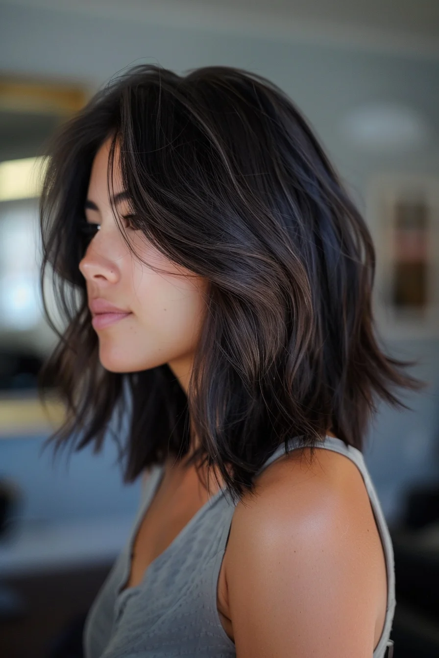 Deep espresso brown base features delicate lighter strands throughout this shoulder-skimming cut. Natural waves show off the color variation while choppy layers add incredible movement. Side-swept pieces blend effortlessly into the overall shape.