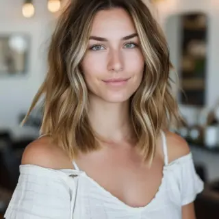 Shoulder-length cut styled with tousled waves incorporates light blonde highlights that brighten the overall look. Layered pieces frame the face delicately while maintaining fullness through the ends. Natural-looking color gradation from roots to tips creates beautiful dimension, enhanced by the wavy texture throughout.