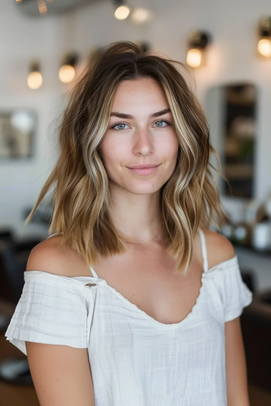 Shoulder-length cut styled with tousled waves incorporates light blonde highlights that brighten the overall look. Layered pieces frame the face delicately while maintaining fullness through the ends. Natural-looking color gradation from roots to tips creates beautiful dimension, enhanced by the wavy texture throughout.