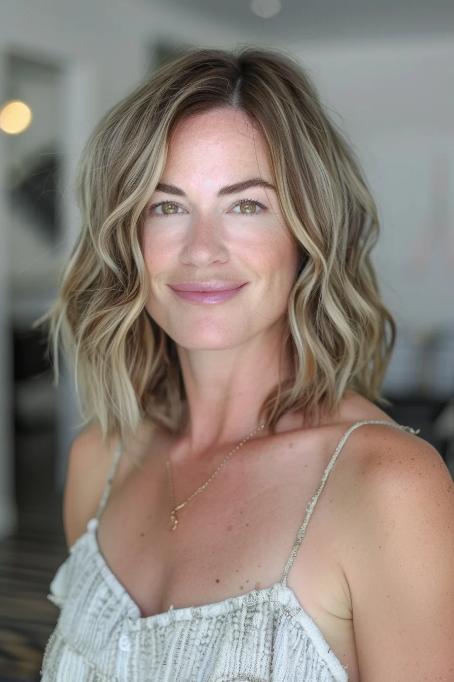 Blonde balayage brightens up this shoulder-grazing cut with its seamless color blend from roots to ends. Soft waves add beautiful movement while maintaining volume and bounce. Face-framing layers start at the cheekbones and continue throughout, creating a gorgeous shape that's both modern and feminine.