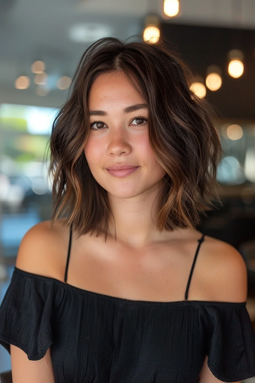 Medium-length chocolate brown hair features subtle caramel highlights woven throughout the waves. Choppy layers create amazing texture and volume, while the cut sits right at the collarbone. Side-swept pieces blend smoothly into the overall shape, with darker roots transitioning into lighter ends for a modern, lived-in look.