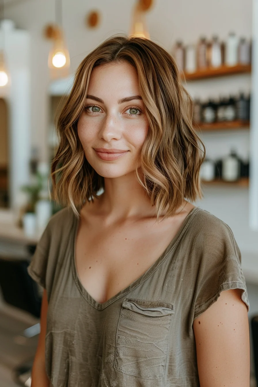 Beachy waves enhance this shoulder-grazing cut with its blend of honey and caramel tones. Natural-looking waves add movement while keeping body consistent from roots to ends. Layered sections begin at the cheekbones, creating soft dimension that flows effortlessly into the rest of the hair.