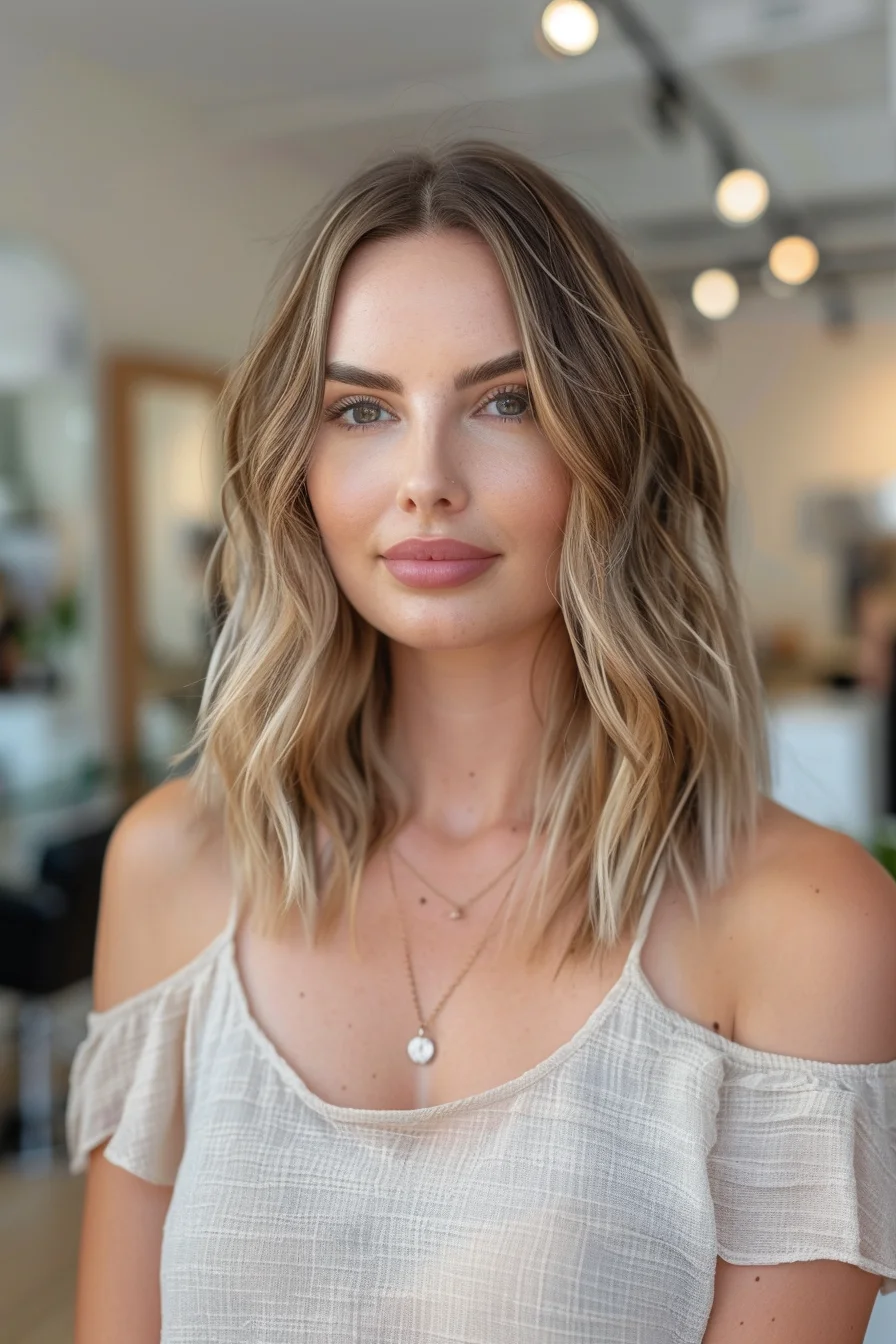 Dimensional blonde balayage brings life to this shoulder-length cut, featuring darker roots that melt into lighter ends. Gentle waves add beautiful movement while longer layers preserve volume throughout. Face-framing pieces start just below the chin, creating a flattering silhouette that complements the overall shape.