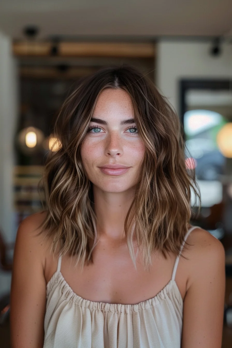 Creamy blonde highlights pop against a neutral base in this collarbone-length cut. Soft waves create natural movement while maintaining structure and shape. Long layers blend seamlessly together, with shorter pieces around the face adding lightness and dimension to the overall look.