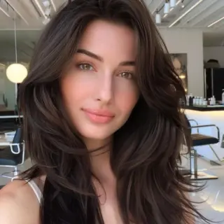 Long layered cut showcases dimensional dark brown coloring with subtle cool undertones. Face-framing pieces begin at chin level, while additional layers throughout create gorgeous movement and body. Styling emphasizes natural-looking waves that demonstrate the versatility of well-placed layers, allowing the hair to move freely while maintaining its polished appearance.
