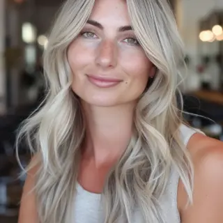 Stunning creamy blonde waves cascade down with darker roots that melt into lighter ends. Dimensional coloring creates visual interest throughout, while face-framing pieces brighten around the face. Long layers enhance the natural wave pattern and add fullness from roots to ends.