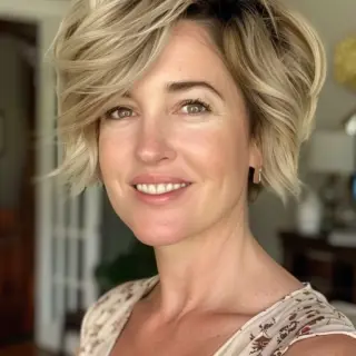 Short, modern crop cut incorporates beautiful texture and movement with longer pieces on top. Dimensional blonde coloring blends lighter ends with slightly darker roots for depth. Sweeping side-parted fringe creates appealing asymmetry, while textured layers throughout provide natural lift and volume. Piece-y styling adds contemporary edge.