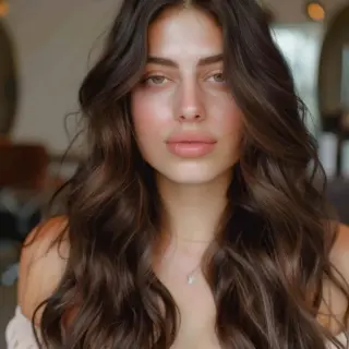 Voluminous, flowing curls create a soft, romantic look, with a deep mocha hue that exudes richness. The seamless center part complements the even, cascading waves, giving the hair an airy yet defined structure. Subtle undertones add dimension, enhancing the hair’s natural movement.