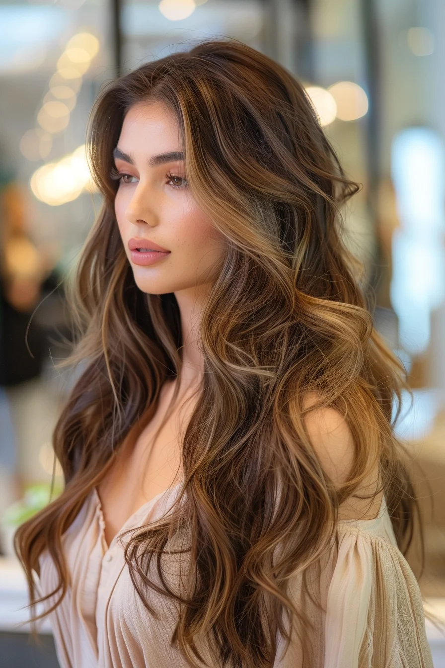 Dark brunette base color flows seamlessly into buttery blonde highlights, creating stunning multi-dimensional color throughout the long layers. Natural-looking waves showcase how light and dark tones blend together, while face-framing pieces brighten the overall look. The gradient from deep roots to lighter ends appears incredibly organic and low-maintenance, making it a beautiful modern interpretation of balayage.