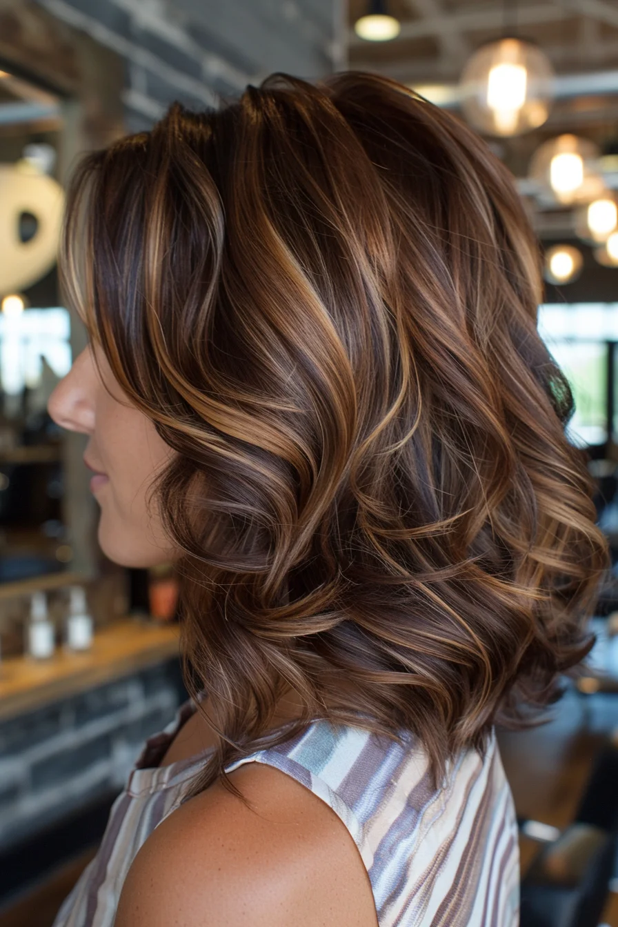 Shoulder-length brunette hair features bold caramel and honey highlights woven throughout, creating stunning dimension. Waves showcase the multi-tonal color blend while bouncy layers add volume and movement. The gradient from dark roots to lighter ends appears natural and seamless, with brighter pieces framing the face and dispersed evenly through the mid-lengths, making it a beautiful low-maintenance look.