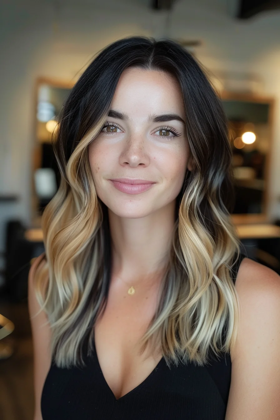 Deep brown roots fade into bright blonde ends in a striking balayage effect. Long layers feature gentle waves that emphasize the multi-dimensional color blend. Bold face-framing pieces and highlights distributed throughout create remarkable contrast and movement, while darker roots add depth and richness to the overall look.
