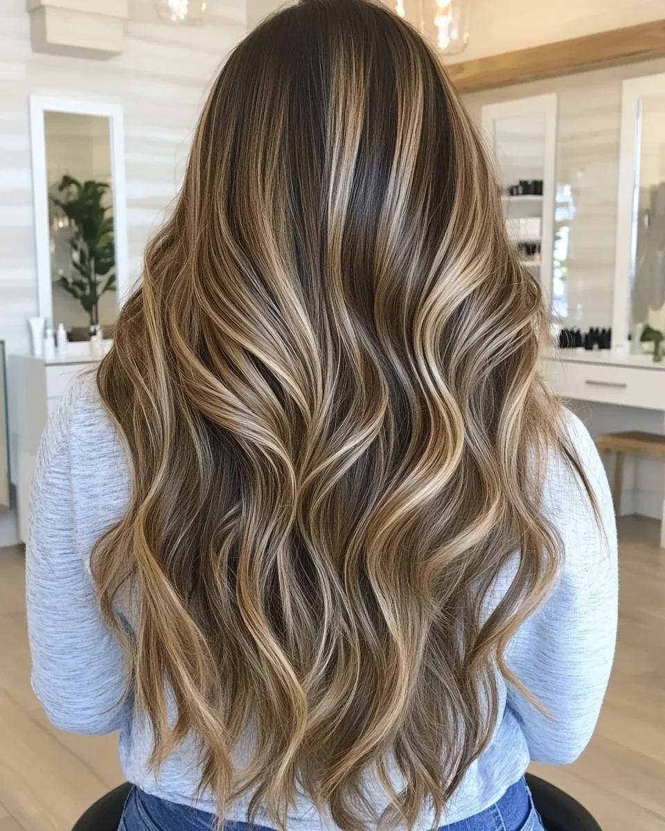 Beautiful brown base color elevated with precisely placed blonde highlights creates amazing depth and dimension. Waves styled throughout the long layers showcase how lighter pieces catch the light. Natural-looking color gradient flows from deeper roots through lighter mid-lengths and ends, resulting in multi-dimensional movement.