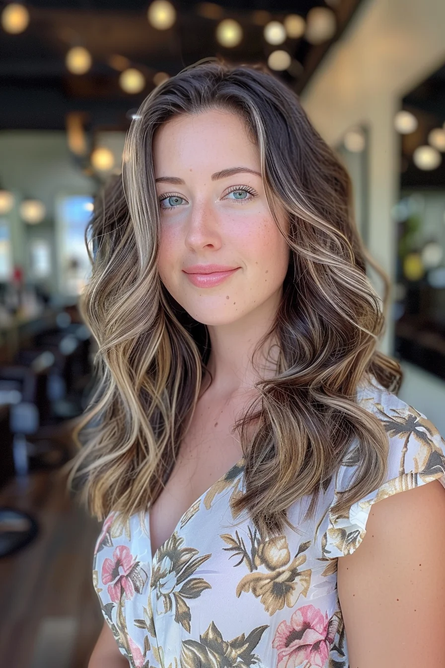 Rich brunette base color flows into bright blonde balayage highlights, creating stunning depth and movement. Long layers emphasize the gorgeous color transition from dark to light. Soft waves show off how multiple shades of blonde blend with the deeper base tone, producing a dimensional look that catches light at every angle.