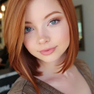 Stunning shoulder-length bob showcases a brilliant copper-auburn shade with golden undertones catching the light. Precision-cut ends align at an angle, creating a modern asymmetrical shape. Side-parted layers sweep gracefully across, offering volume and movement while maintaining clean lines and professional finish.