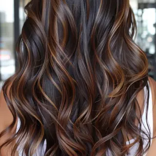 Luscious dark chocolate base color features striking bronze-tinted lowlights woven throughout long, cascading layers. Silky waves ripple down the back, displaying incredible shine and movement. Each lowlight strip blends naturally into the deep brown base, creating a rich, multidimensional effect that looks incredibly natural.