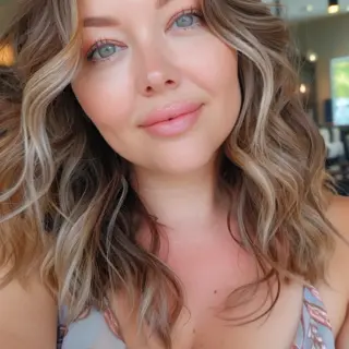 Beautifully blended mushroom brown shade combines ash-toned base with delicate honey highlights woven throughout. Medium-length cut incorporates face-framing layers that enhance natural wave patterns. Root area maintains deeper depth while mid-lengths and ends lighten gradually for an effortless lived-in look.