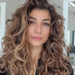 Long, luxurious curls feature a stunning balayage transition from deep brown roots to golden blonde ends. Carefully cut layers begin at the cheekbones and continue downward, framing facial features beautifully. Generous volume at the crown flows into cascading spiral curls that reach past the collarbone.