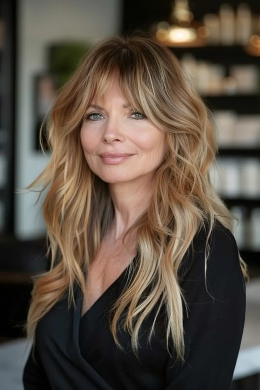 Soft curtain bangs blend seamlessly into long, flowing layers that cascade below the shoulders. Warm blonde tones with sun-kissed highlights create depth and dimension, while the wavy texture adds effortless movement.