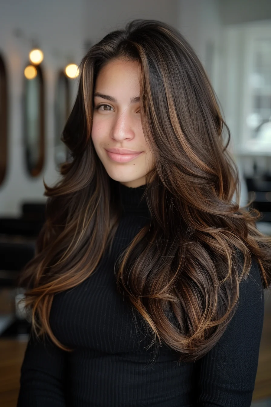 Voluminous layers create an abundance of movement in this deep brown look, with warm honey highlights adding dimension and depth. The soft waves frame the face beautifully, giving the cut a lively yet polished feel. The contrast between the rich base and lighter tones enhances the layered texture.