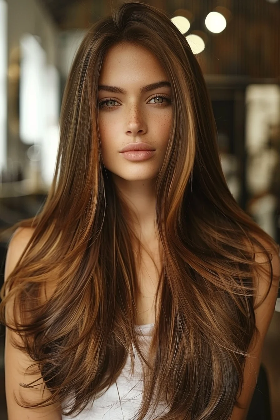 Long layers cascade with a silky smooth finish, creating a sleek and polished shape that enhances the natural shine of the chestnut brown color. Subtle golden highlights bring warmth and depth, while face-framing pieces softly contour, blending seamlessly into the length for a balanced, flowing effect.