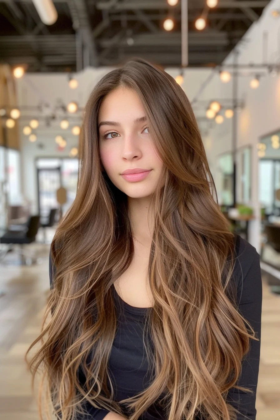 Rich chocolate brown hair flows beautifully with a mix of long, blended layers that create texture and movement. Honey-toned highlights delicately frame the face and add dimension to the ends. Soft waves give the cut a natural, relaxed vibe while maintaining a voluminous and full-bodied appearance.