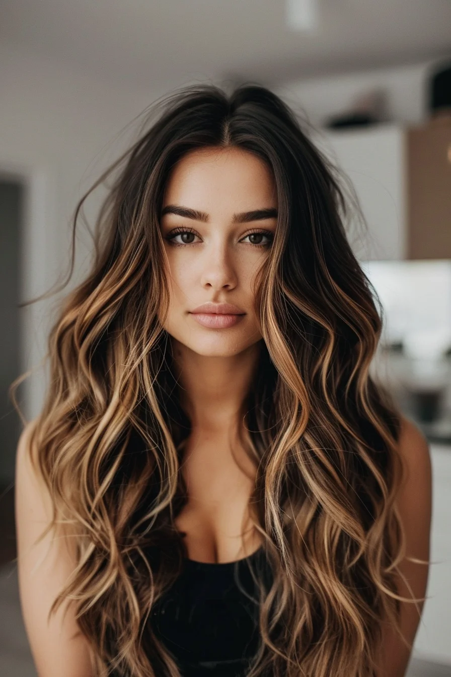Tousled waves bring life to the long layers, with a blend of dark brown roots transitioning into caramel and blonde highlights. This warm balayage effect adds depth and brightness, while the wavy texture enhances the dynamic layers, giving the hair a full, effortless finish with a modern touch.