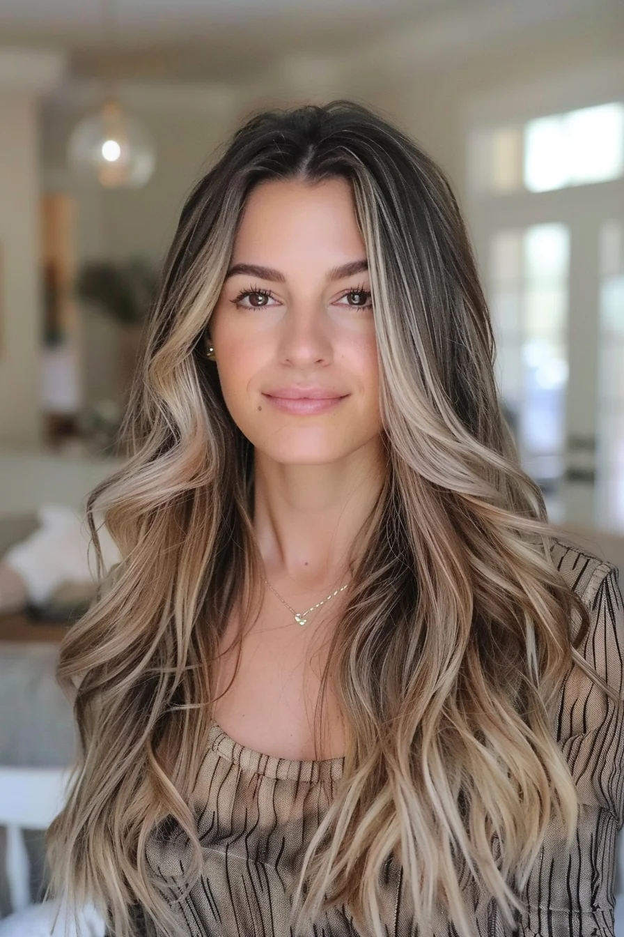 Ash-blonde balayage with soft, blended layers creates a bold yet natural look. The face-framing highlights brighten the features, while the dark roots offer depth and contrast. Loose waves add a carefree texture, complementing the layered cut and creating a dimensional, sunlit effect throughout.