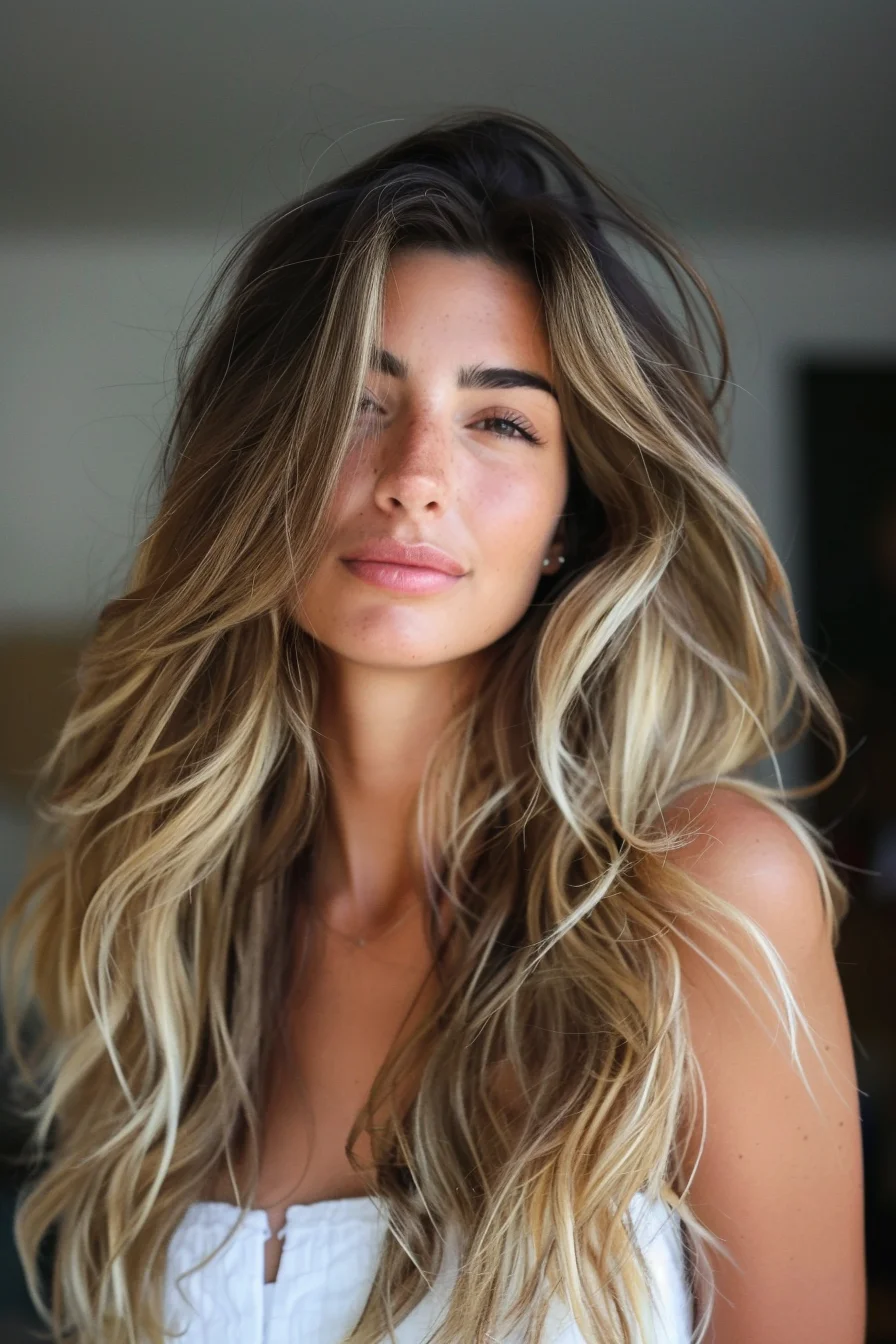 Beachy waves pair seamlessly with a sandy blonde balayage that transitions softly from darker roots. The tousled texture emphasizes the movement in the layers, while lighter ends brighten the overall look. The natural flow and face-framing pieces add a relaxed, sun-kissed feel to the length.