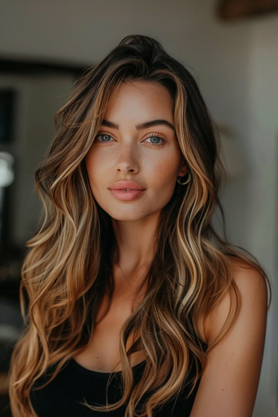 Rich caramel hues blend seamlessly with golden highlights over long, flowing layers that frame the face. Loose waves add dimension, emphasizing the contrast between the darker roots and lighter ends. The soft, face-framing layers create a balanced look, while the textured waves enhance the overall movement.