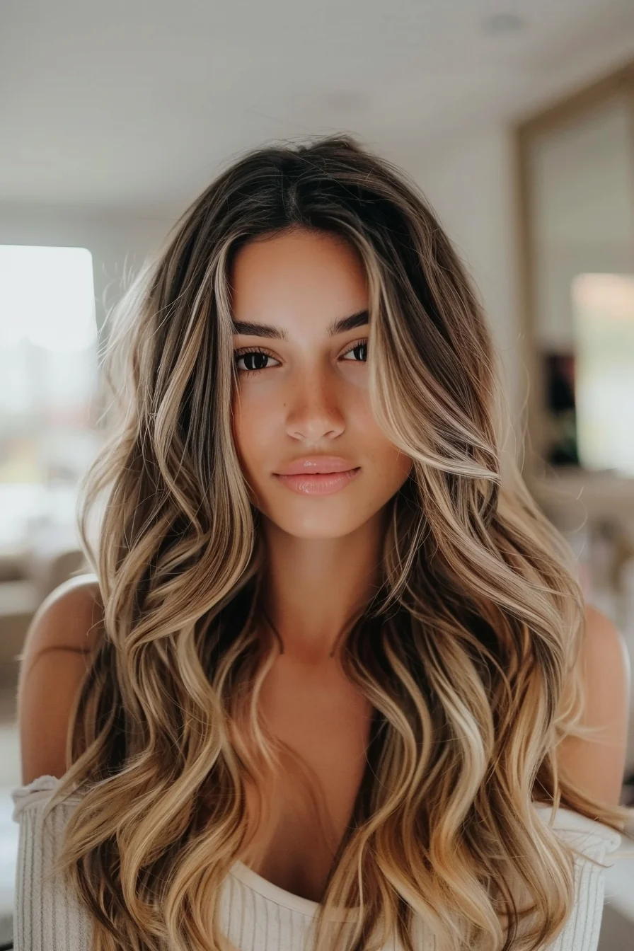 Voluminous, beachy waves cascade through a mix of ashy blonde highlights and darker roots, creating depth and texture. The face is framed by soft, sweeping layers that gradually blend into the length. The contrast of light and dark tones adds dimension, giving the overall look a bright, sunlit vibe.